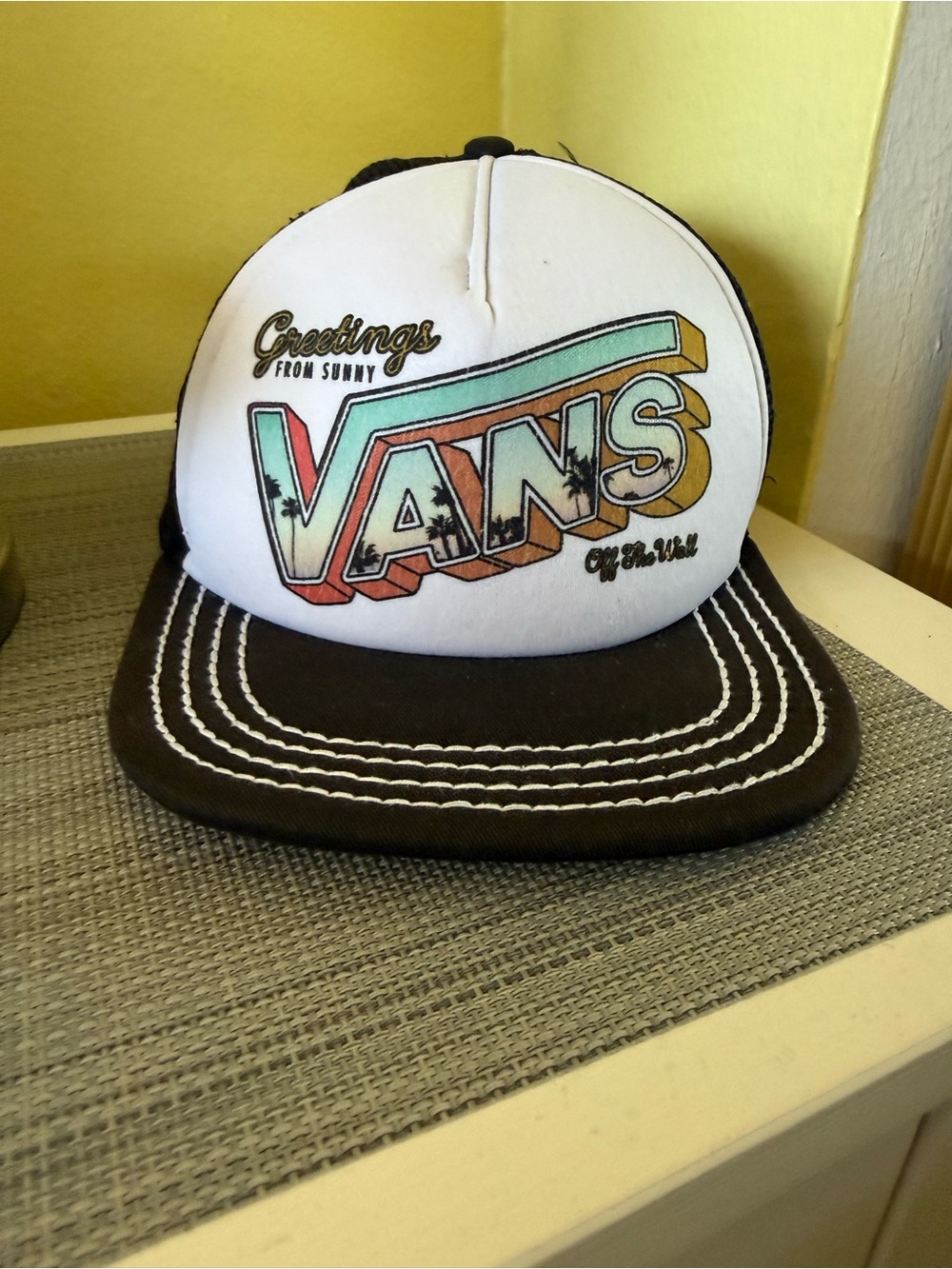 Vans White Front Panel Trucker Hat with Brown Bill and Retro Multicolor Logo